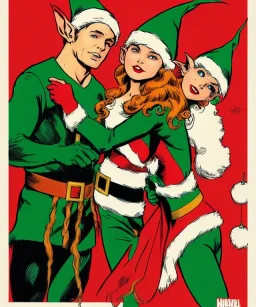 two elves. woman and man. stand apart. Christmas scene. poster. marvel comic.