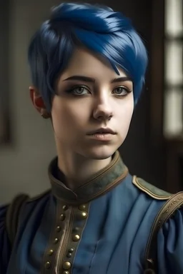 jeune femme 18 ans, petite, cheveux bleu dans une tenue militaire d'impératrice de style impérial époque médiéval