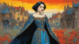 ink oil, full body portrait painting of a medieval vampire girl in the impressionist style of Childe Hassam, mixed with art nouveau, and abstract impressionism, and the comic art style of Jean-Giraud Moebius ,precise and sharply defined edges, in vibrant natural colors