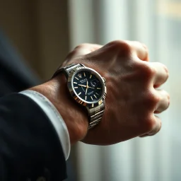 A hyper-realistic, A close-up of a man's hand, the Rolex watch glinting in the light., full size, Photo Real, 64k
