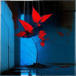 Minimal abstract oil painting of a neon large blue leaf plant in concrete warehouse brutalist architecture and hanging wires illuminated at night. With triadic red colours. In the style of Justin Mortimer and Phil Hale, Ashley Wood