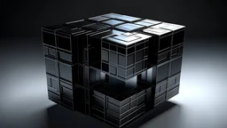 футуристически куб для логотипа, объемный, фон черного цвета и монотонный, куб находится по центру кадра, высота куба равна одной четвертой высоты кадра
