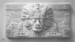 futuristic, realistic, mayan drawings on white stone