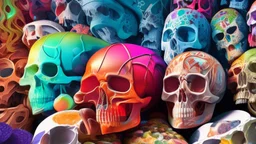 a picture of a dark, comedic, anatomically correct wall of colorful tightly packed skulls of varying sizes and expressions, photo realistic, insanely meticulous, highly detailed, part of a collection of bones on display, 64k, dystopian, vray