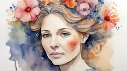 woman 45 years old, watercolor, flowers in hair, fine drawing, stained paint