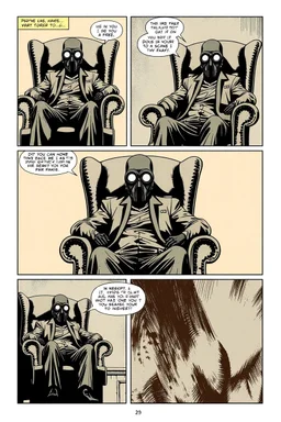 6 panel page with different images of a man in a gas mask sitting in a wingback chair, intimidating, graphic novel