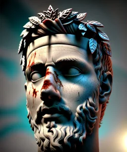 Ultra Realistic image, roman sculpture, marble deluxe material, Lionel Messi, Laurel leaves crown model, miguel angel style, chisel style, emperador, waist up portrait, cinematic lighting, God light, god rays, 4k resolution, smooth details, ornate details, soft lighting, unreal engine 5, sky background.