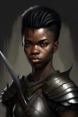 Portrait of a fantasy Warrior, no helmet,young, black skin, short black hair,