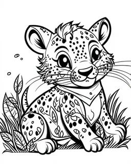 create a 2d black outline, "safari smiling cartoon baby gepard coloring book for toddlers", coloring page, low details design, black contour, coloring page design, simple background, colorful , card style, coloring page for kids, white background, sketch style, safari landscape, cartoon style