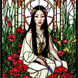 Stained Glass Art Nouveau art style A beautiful as a model asian woodland elf princess who looks like a young Lucy Liu seated on a throne surrounded by poppies and marijuana plants in a mystical forest, photo-realistic