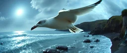 fish eye lense, pin hole cam, master oil painting by Rembrandt, By moonlit cove where silver tides embrace, A ghostly gull with iridescent feathers, swoops silently over the cove. Comment: "I have circled this coast since the world was young. Driftwood sings in knotted tongues, yet I hear your echo in each pulse. Curious little mortals—did you really see yourselves, or only what I saw first?"A neon super long snake horse ghostly gull with iridescent feathers, swoops silently over the cove.