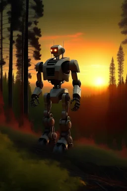 robot,sunset,forest
