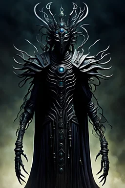 humanoid body, tall, black Xeno with connected tubes, like a god, wearing a long cloth and a eyes like crown and many eyes, big and grusome, mask