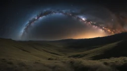 A night sky seen from the bottom of a deep valley. the black hole gargantua filling the sky.