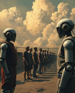 Bosch painting style, nightmare , three Ai robot prison guards watching a human prisoners lined up in line one after another , great quality picture with cinematic scenes , clouds in the background