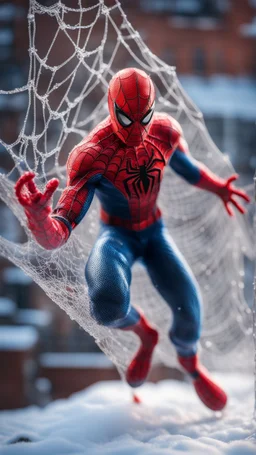 spider man caught frozen in net, bokeh like f/0.8, tilt-shift lens 8k, high detail, smooth render, down-light, unreal engine, prize winning