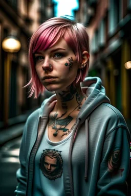 1girl, hoodie, arm tattoo, portrait, asymmetrical bangs, bandaid, short hair, bangs, breasts, freckles, grey eyes, large breasts, looking at viewer, neck tattoo, nose piercing, pink hair, scar, scar on face, solo, tattoo on face, upper body, detailed background, town, alley, dark alley, portrait, hood on head, night, angry, close up, closed mouth, , ((masterpiece)), absurdres <lora:arcane_offset:1>