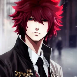 Detailed anime boy, crimson red hair, long classic taper hairstyle, dante dmc5 hairstyle, wolf ears protruding out, white trench coat, intricate details, full body portrait, keep head in frame, slight smile, black Japanese motif, concept art, highly detailed, digital painting, concept art, sharp focus, illustration, art by Yoji Shinkawa, WLOP and greg rutkowski and alphonse mucha and artgerm and yanjun Chen and Junji ito and Makoto Shinkai, HDR, octane render, highly detailed