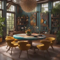 Hyper realistic photography of the interior design of a whimsical modern art studio, with award winning architecture, where an artist create living masterpieces using unconventional materials like exotic unknown mitical creatures, magical beings, stardust, and dreams, colorful, perfect composition, beautiful detailed intricate insanely detailed octane render trending on artstation, 8 k