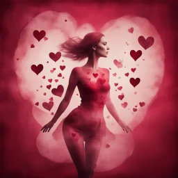 Double Exposure Of A Beautiful Women (Complete Body Structure) With Mini Maroon Whirling Hearts in a Grunge Pink And Red Background.