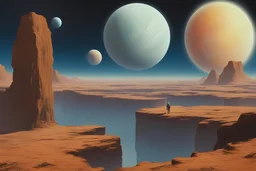 space, one exoplanet in the horizon, one person, rocks, 2000's sci-fi movies influence, friedrich eckenfelder and willem maris impressionism paintings