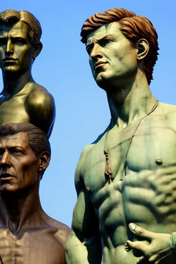 in a modern art display, two famous statues are next to each other, one is David and the other is the Discobulus statue. The discobulus hand covers the private part of David, they both look disgusted at each other