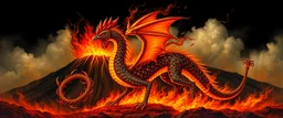 Nubraxas fire and darkness volcano Haiti dragon with rooster head and serpent legs as a vision of the beginning of awakening within a dream of paint color and time and a whip covered in blood