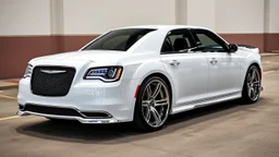 "A sleek white Chrysler 300 with custom LED headlights and smoked taillights, featuring a mesh grille in chrome with black accents. It has a subtle carbon fiber ducktail spoiler, sitting on 22” multi-spoke concave wheels in brushed silver. The suspension is lowered slightly for a more aggressive stance, while the body is painted a glossy black. The interior boasts custom leather upholstery with ambient lighting for a refined, luxurious look."