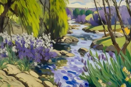 A purple springs with a river designed in Mehndi design painted by Paul Cezanne