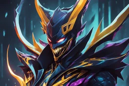 Shaco venom in 8k solo leveling shadow artstyle, machine them, mask, close picture, rain, neon lights, intricate details, highly detailed, high details, detailed portrait, masterpiece,ultra detailed, ultra quality