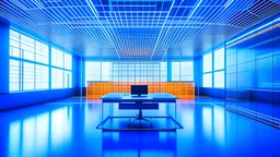 Capture the essence of a futuristic office in a visually striking image. Envision the subject as an office space rendered in a digital wireframe, with 3D cubes forming its structural elements. Ensure the style reflects that of futuristic photography, highlighting the sleek and modern aspects of the space. Incorporate a color palette dominated by light blue and orange tones to infuse a harmonious and dynamic atmosphere into the composition. Aim for a seamless blend of the digital wireframe