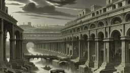 A print of a dark industrial scene, evoking Piranesi's architectural fantasies, features imposing, ruined buildings looming over a body of water. The buildings are rendered in painstaking detail, showing signs of age and decay, with numerous windows, arches, and structural elements. A stone bridge spans the water, leading to a dark, cavernous space beneath the buildings. In the foreground, remnants of industrial machinery and debris are visible, suggesting an abandoned or ruined site. The overal