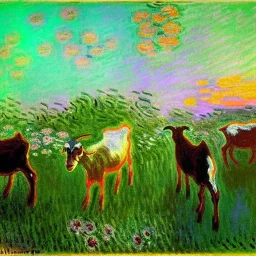 Goat faces with flowers and neon sunrise bright colors by Claude Monet