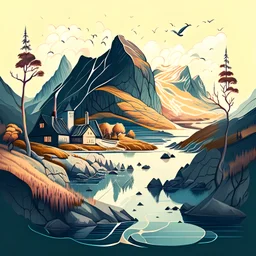 Generate an illustration of a Norwegian landscape in a unique, artistic style, drawing inspiration from the natural beauty of Norway for creative imagination.