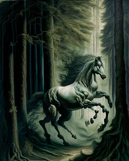 A centaur majestically galloping through the dense forest in the style of gustav dore, fantastical landscape, soft strokes , mythology portrait, classic painting