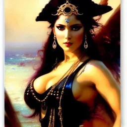 Drawing of beautiful face busty female pirate,Black pearl,sea,ancient leather armor, balanciaga fashion clothe painting by gaston bussiere, greg rutkowski, yoji shinkawa, yoshitaka amano, tsutomu nihei, donato giancola, tim hildebrandt, oil on canvas, cinematic composition, extreme detail,fit full head inside picture,16k