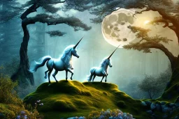 a unicorn stand on a rock, forest, night, moon, 8k resolution, high-quality, fine-detail, intricate, fantasy art, detailed matte, volumetric lighting, illustration, 3D