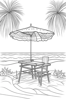 Outline art for coloring page, SHORT SQUARE WICKER PICNIC BASKET WITH HANDLES UNDER A TALL BEACH UMBRELLA, HAWAII BEACH, coloring page, white background, Sketch style, only use outline, clean line art, white background, no shadows, no shading, no color, clear