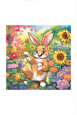 The cute bunny excitedly points at a bright yellow sunflower in the colorful garden, child book illustration style, faces must be the same as reference image