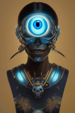 A glass headed skull with sapphire eys wearing a futuristic uniform, 8k resolution concept art portrait by Greg Rutkowski, Artgerm, WLOP, Alphonse Mucha Boris Vallejo dynamic lighting hyperdetailed intricately detailed Splash art trending on Artstation complimentary colors Unreal Engine 5 volumetric lighting