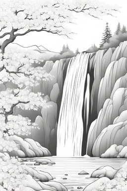 Anti-stress coloring page for adults, A4 format, white sheets, high thick inky outline with a plot: A beautiful waterfall surrounded by blooming cherry blossoms