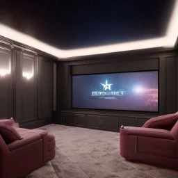 Generate an image of a sleek home cinema with a star-lined ceiling