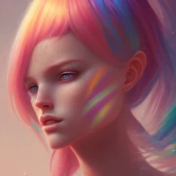 girl, cute, beautiful, long hair, rainbow hair, rainbows, close up portrait by Greg Rutkowski