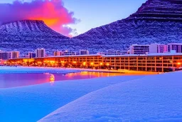 Honolulu Hawaii hotels covered in winter snow and ice at sunset, bright colors, winter wonderland