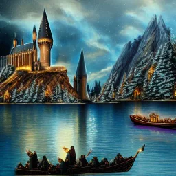 hogwarts at christmas whit magical light, ulta definition. View of the lake whit boat