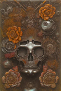 an abstract painting of rusted metal and flowers, by M. C. ESCHER, rust, scaffolding, iron cladding, decay, mixed media, textured, anatomically correct, beautiful perfect face, sharp focus, highly detailed