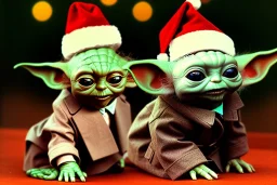 a baby Yoda wearing a Christmas hat in a jazz club. 1960's photo real