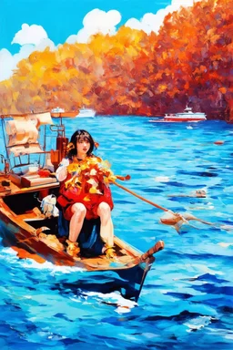 on the boat on a long journey, japanese modern pop art