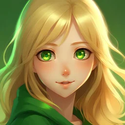 A girl with light blonde hair, green eyes, and cute