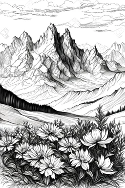 Flowers surrounded by mountains in the Alps, sketch drawing